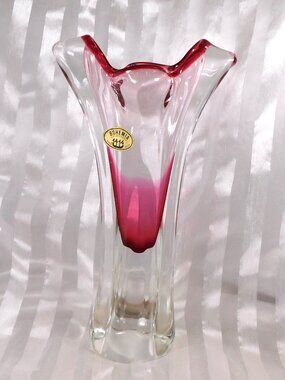 Pink Cased in Clear Bohemia Art Glass Vase # 26352